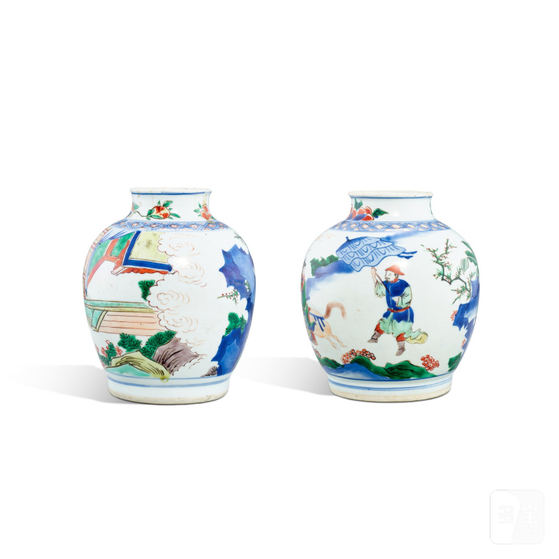 A pair of wucai 'figures' jars, Qing dynasty, Shunzhi period | 清順治 五彩人物故事圖罐一對 - 图3